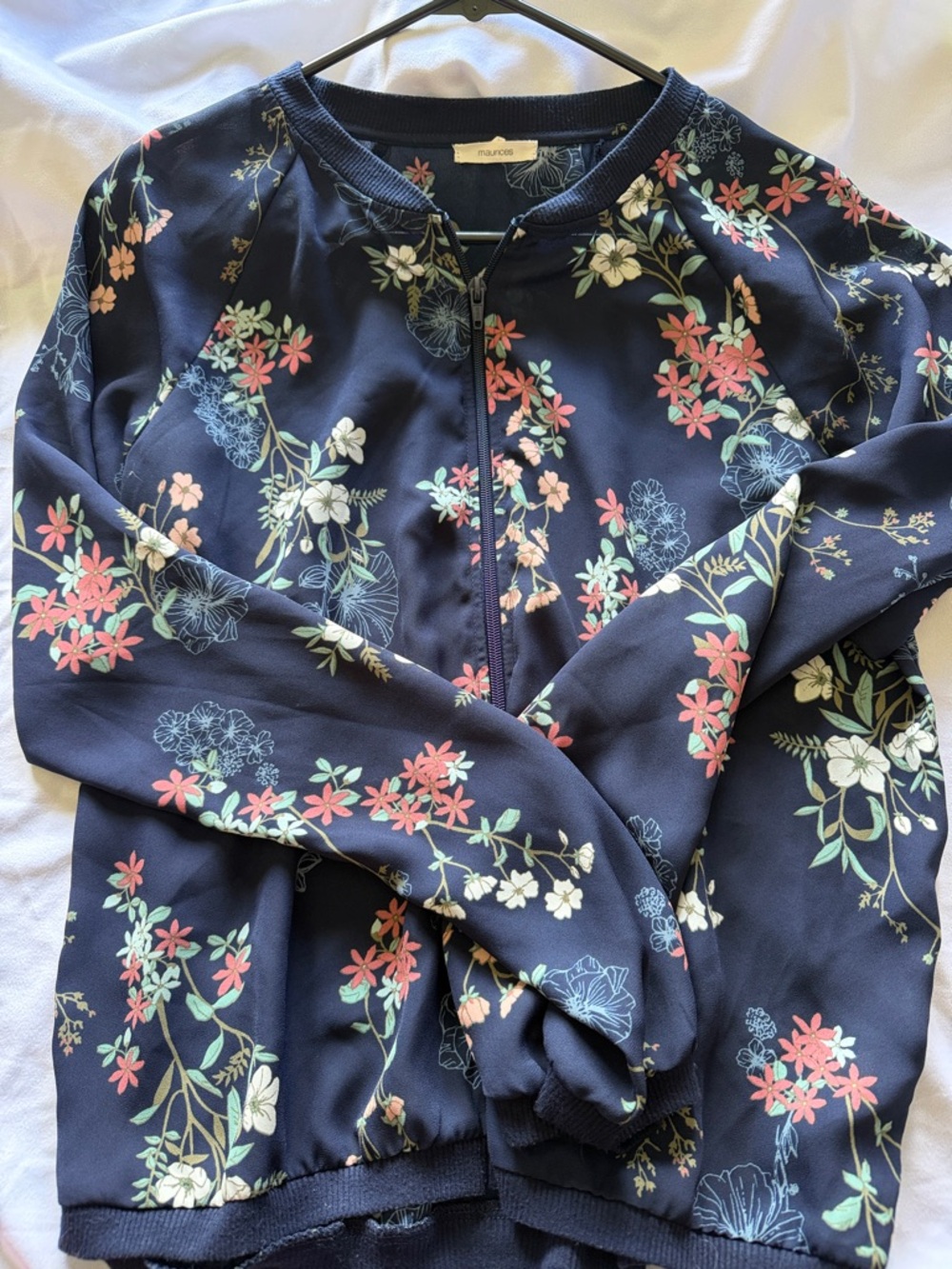 Maurices Navy Floral Bomber Jacket with Coral & Cream Flowers
